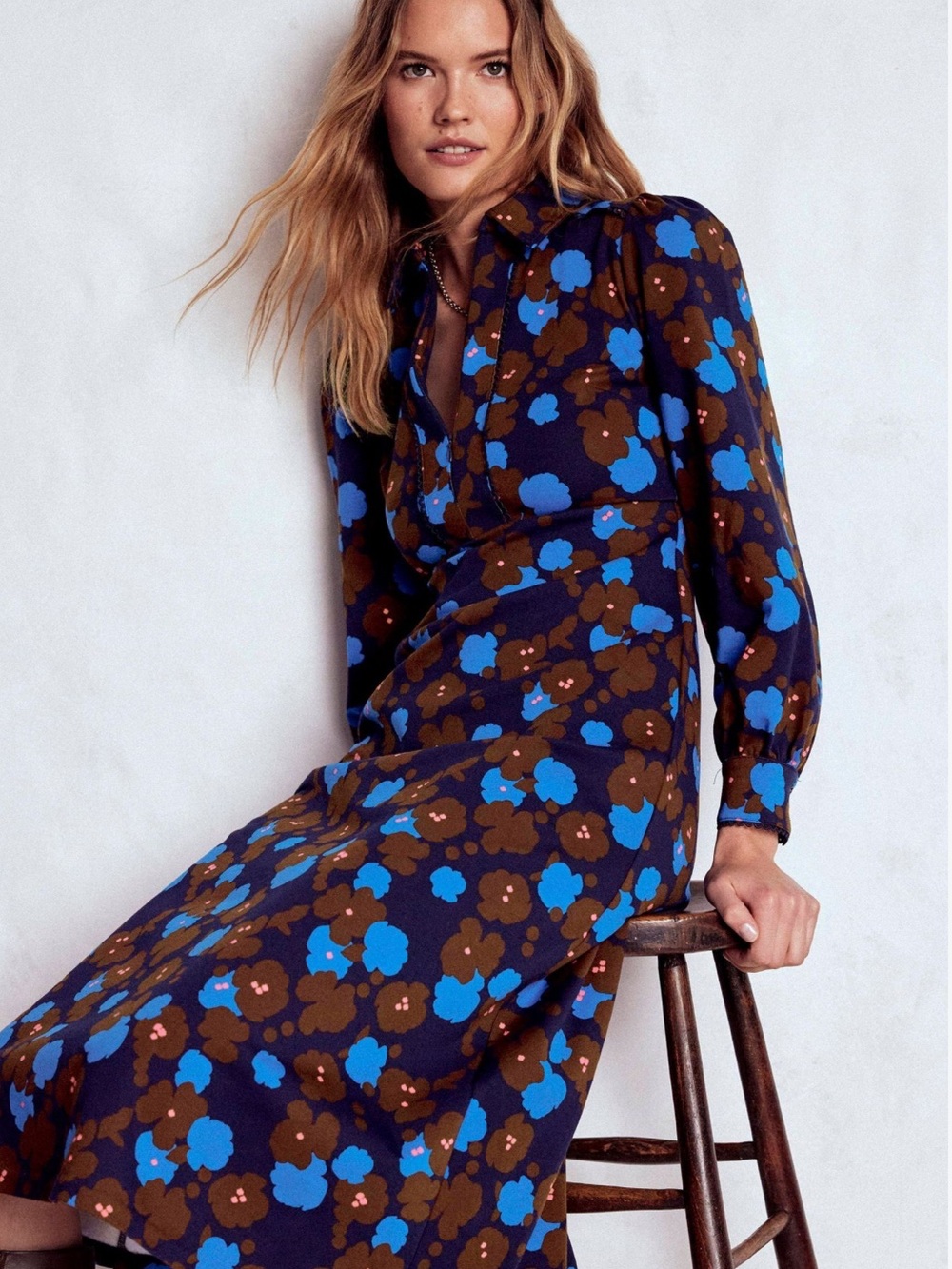 EUC Boden Pip Zip-Up Blue and Brown Floral-Print Ponte Midi Dress - Picture 2 of 11